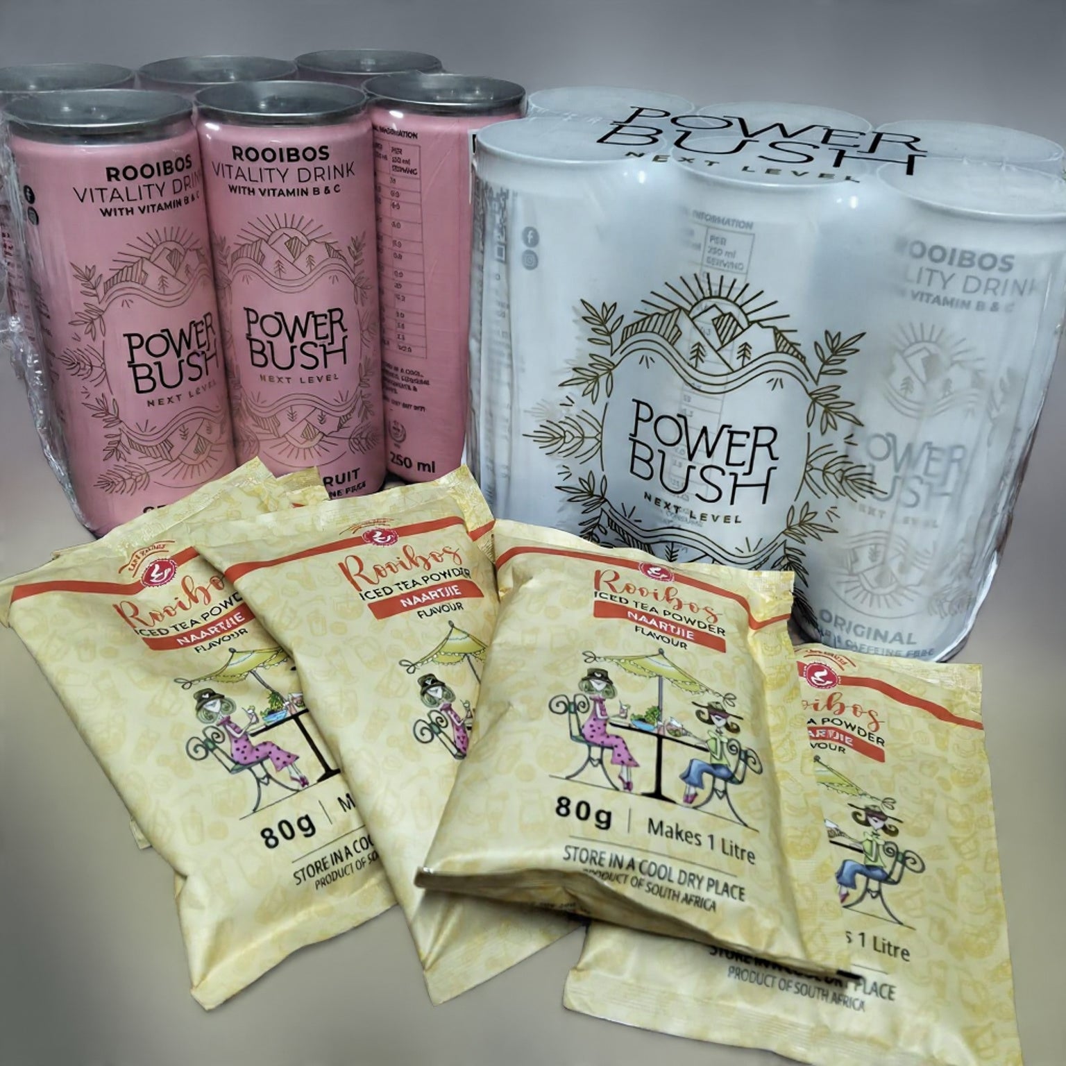 Caffeine free bundle with 12 Power Bush Rooibos vitality drinks (250ml cans) and 4 Rooibos iced tea flavored powder drinks (80g each making 1 liter) 