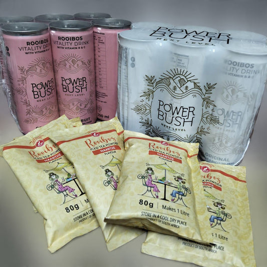 Caffeine free bundle with 12 Power Bush Rooibos vitality drinks (250ml cans) and 4 Rooibos iced tea flavored powder drinks (80g each making 1 liter) 