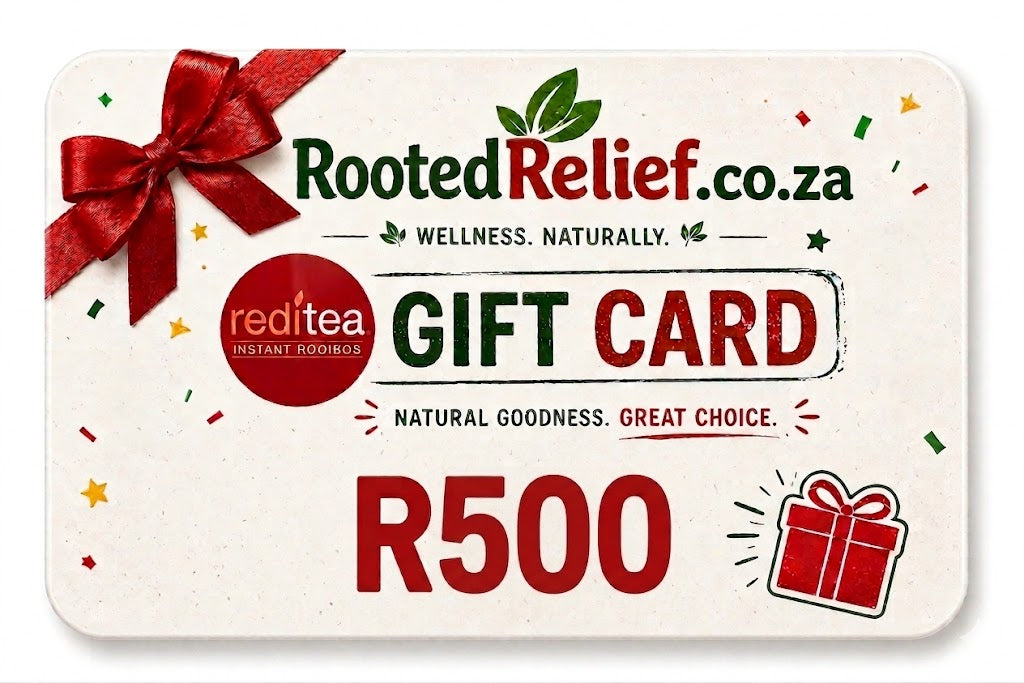 Gift card from Rooted Relief.co.za with a red ribbon and R500 value.