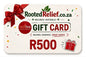 Gift card from Rooted Relief.co.za with a red ribbon and R500 value.