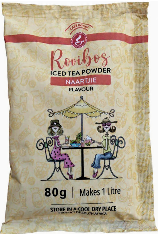 Rooibos iced tea powder package with naartjie flavor, 80g, for making 1 litre of tea.