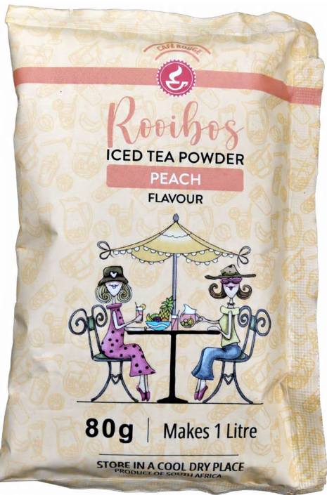 Rooibos iced tea powder package with peach flavor, 80g, for making 1 litre of tea.