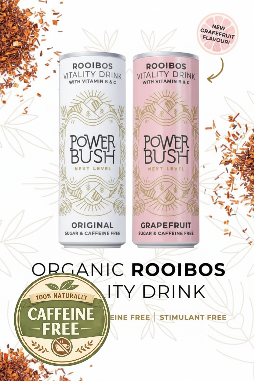 Rooibos vitality drinks, now available in convenient 250ml cans. Sugar‑free, caffeine‑free, and stimulant‑free, enriched with Vitamin B5, B6, B12 & C for natural vitality.
- Original flavor: pure Rooibos goodness.
- Grapefruit flavor: refreshing new twist
