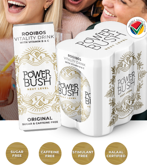 Power Bush is a Rooibos Vitality drink, completely caffeine and sugar free, loaded with vitamin B and C for natural energy and no jitters or crashes. 
