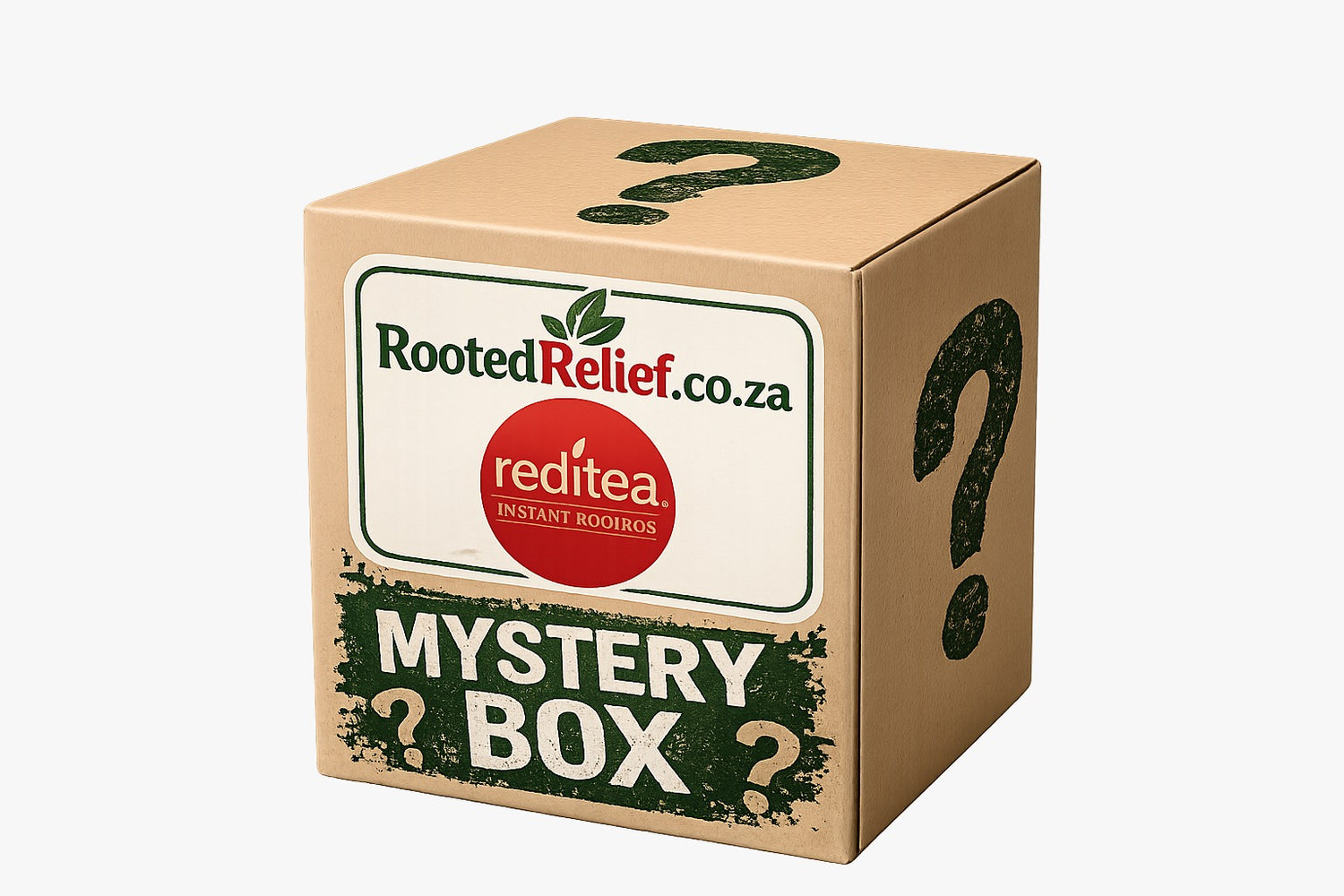 Cardboard mystery box with Rooted Relief.co.za branding and reditea Instant Rooibos