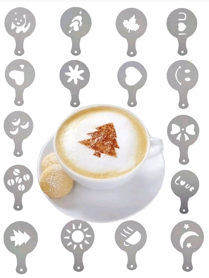 A set of reusable stencils for crafting stylish latte art with designs like hearts, stars, and seasonal motifs. Perfect for elevating your tea time experience at home alone (me-time), or sharing with friends. Pack of 10 stencils contain the entire collection.