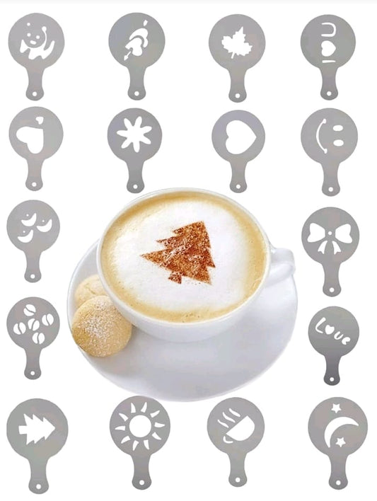 A set of reusable stencils for crafting stylish latte art with designs like hearts, stars, and seasonal motifs. Perfect for elevating your tea time experience at home alone (me-time), or sharing with friends. Pack of 10 stencils contain the entire collection.