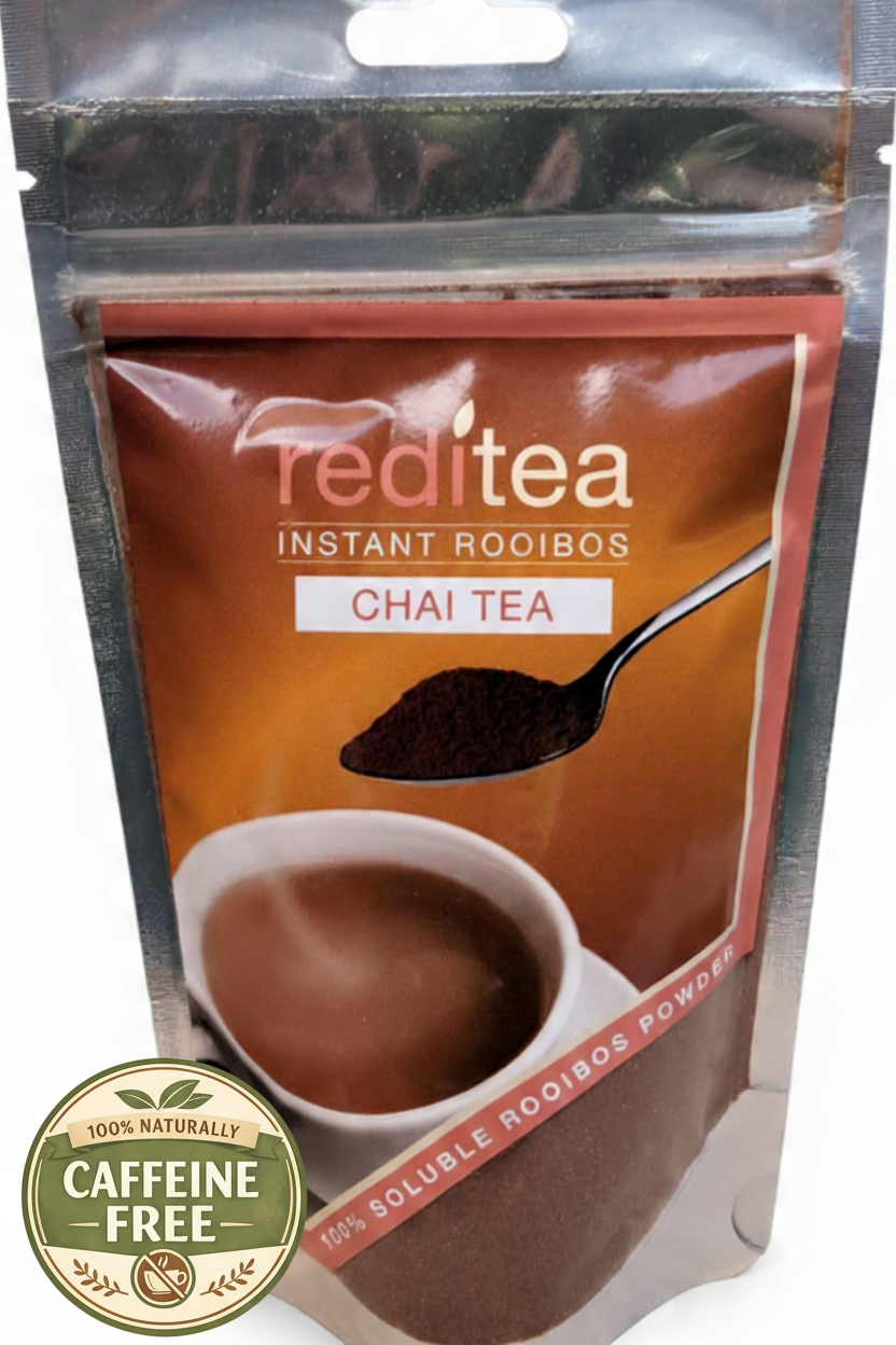 reditea Instant Rooibos Chai Tea, packed in an 80 g resealable pouch. This 100% soluble Rooibos powder blends the natural, caffeine‑free goodness of South African Rooibos with classic chai spices