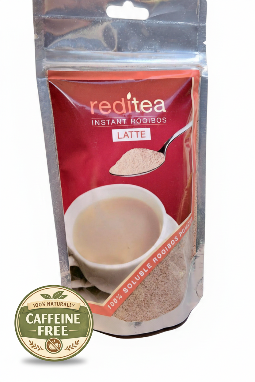 reditea Instant Rooibos Latte, packed in a convenient 120g OR 200g resealable pouch. This 100% soluble Rooibos powder blends the natural, caffeine‑free goodness of South African Rooibos with a rich latte flavor