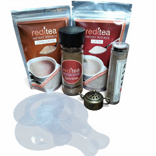 reditea Latte Bundle includes 2 x reditea Instant Rooibos Chai Latte (120g each), 2 x reditea Instant Rooibos Latte (200g each), 1 x reditea Sprinkles (80g), 1 x Zen Mini teapot incense burner with 2 x full tubes of incense coils and 1 x full set of Latte stencils (10 stencils)