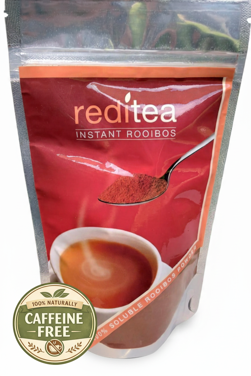 reditea Instant Rooibos is a premium South African instant rooibos tea that delivers rich, smooth flavour in seconds. Naturally caffeine-free
- 65g pouch: handy pack for everyday sipping or on‑the‑go lifestyles.
- 125g pouch: big‑batch option that makes 110 cups of delicious Rooibos, ideal for families or offices.