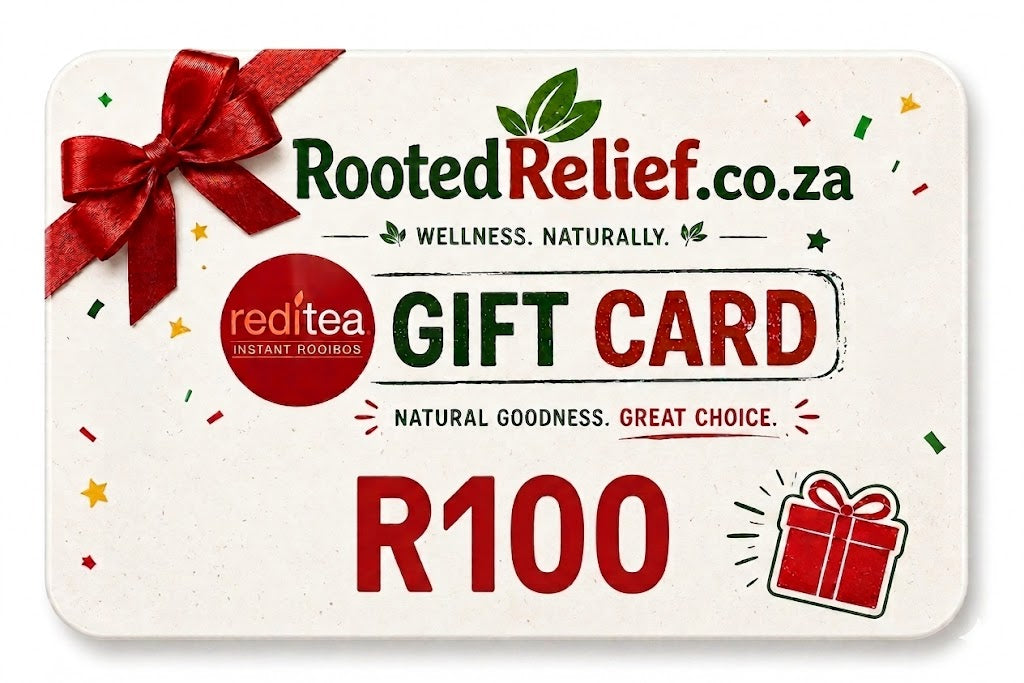 Gift card from Rooted Relief.co.za with a red ribbon and R100 value.