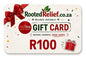 Gift card from Rooted Relief.co.za with a red ribbon and R100 value.