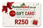 Gift card from Rooted Relief.co.za with a red ribbon and text. R250
