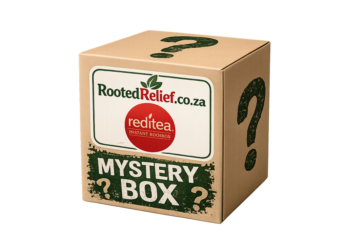 Mystery box from RootedRelief.co.za with reditea Instant Rooibos teas and fun extra items 