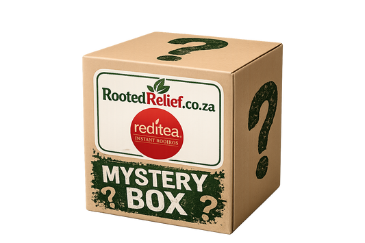 Mystery box from RootedRelief.co.za with reditea Instant Rooibos teas and fun extra items 